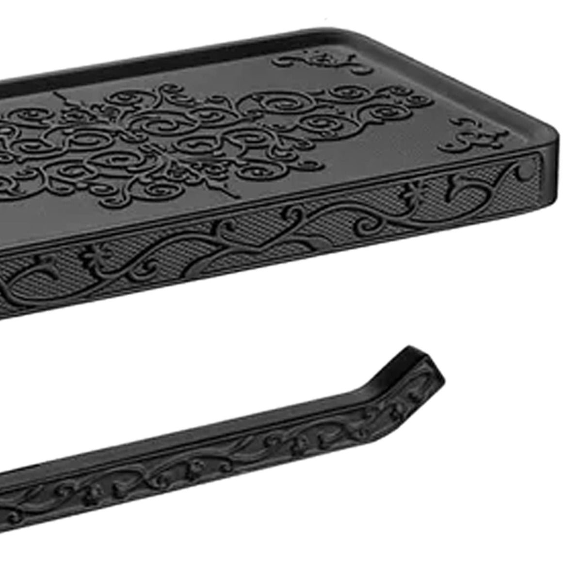 Black Paper Roll Rack in black aluminium with an ornate raised scroll pattern across the shelf and curved holder arm.