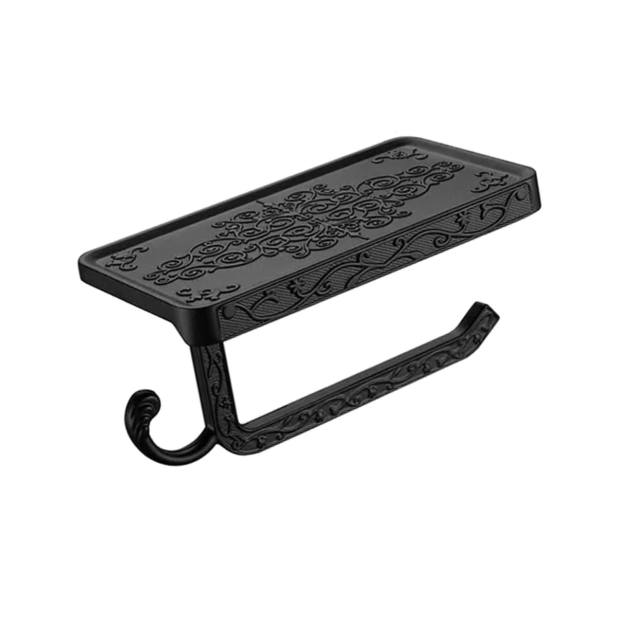 Black Paper Roll Rack in black aluminium with ornate raised patterns, a decorative shelf, and an open curved roll arm