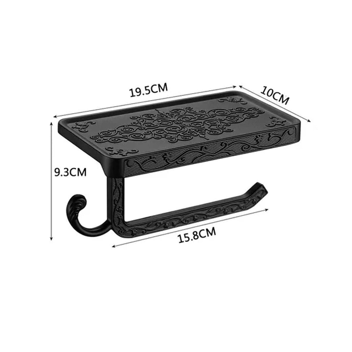 Black Paper Roll Rack in black aluminium with an ornate patterned shelf, open toilet roll holder and curved hook