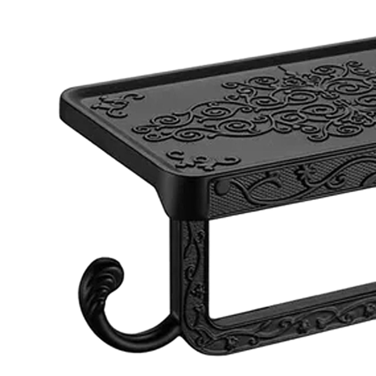 Black Paper Roll Rack in black aluminium with an ornate raised scroll pattern, flat shelf and curled hanging hook.