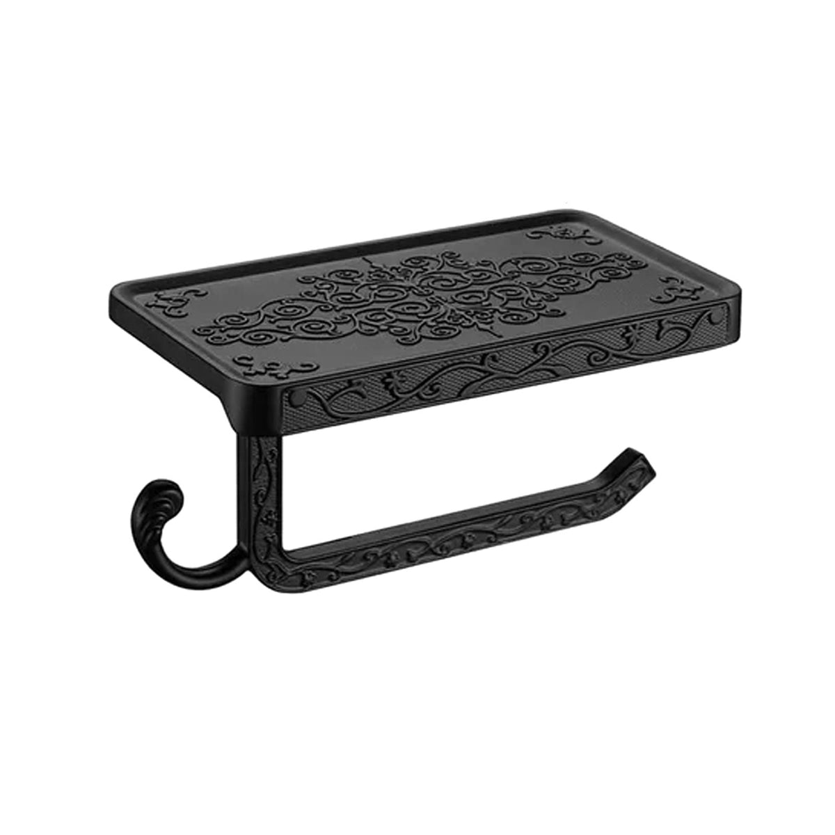 Black Paper Roll Rack in ornate black metal, with a decorative phone shelf and open toilet roll arm with curled hook