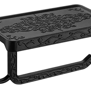 Black Paper Roll Rack, a black metal toilet paper holder with an ornate embossed shelf and decorative open roll arm