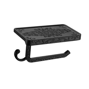 Black Paper Roll Rack in ornate black aluminium, featuring a raised phone shelf, open roll holder and curled hook