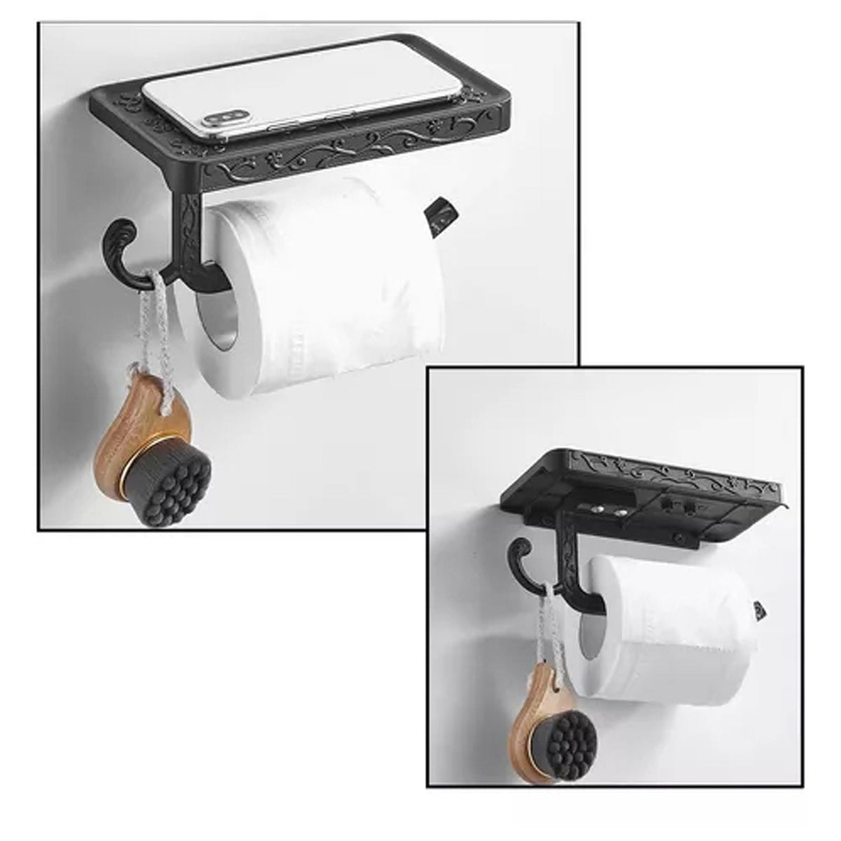 Black Paper Roll Rack in ornate black metal with an open toilet roll holder, curved hook, and flat phone shelf