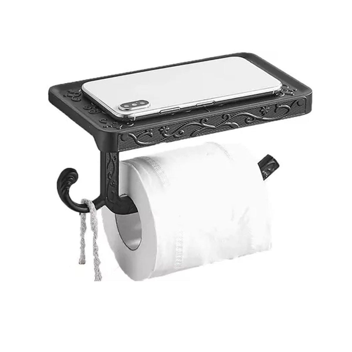 Black Paper Roll Rack in ornate black metal with a decorative phone shelf, toilet paper roll, and side hook