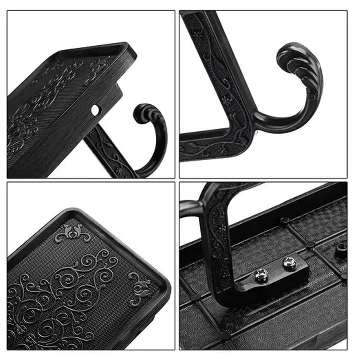 Black Paper Roll Rack with ornate embossed shelf, curved metal hook and textured black finish