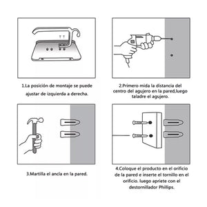 Black Paper Roll Rack wall-mounted toilet roll holder shown in assembly diagrams with hooks and mounting hardware.
