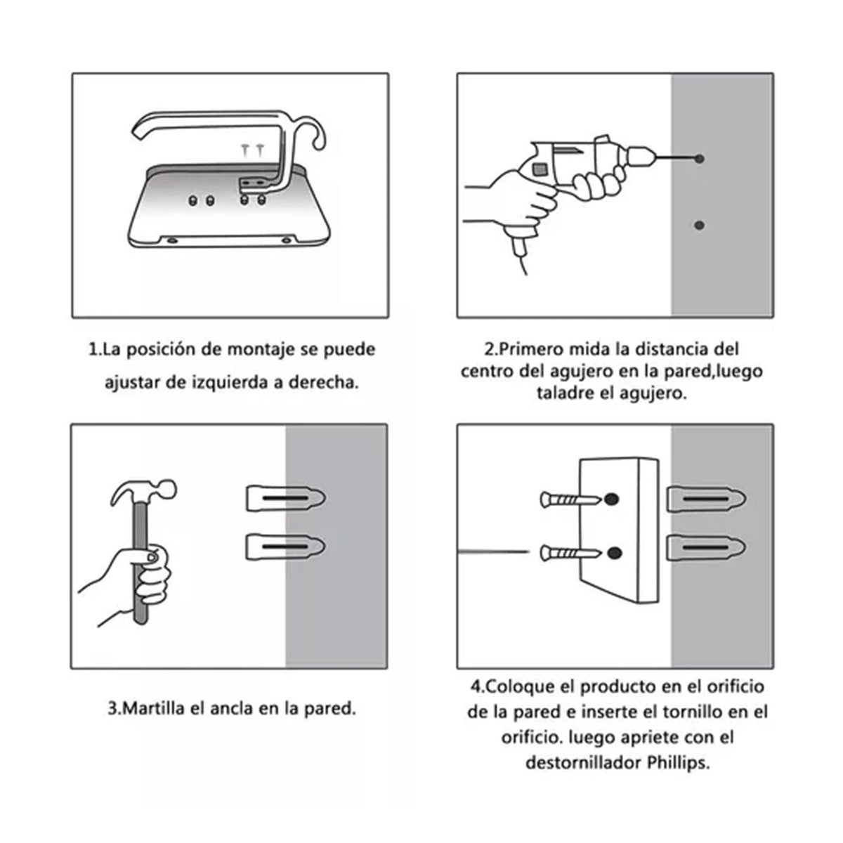 Black Paper Roll Rack wall-mounted toilet roll holder shown in assembly diagrams with hooks and mounting hardware.