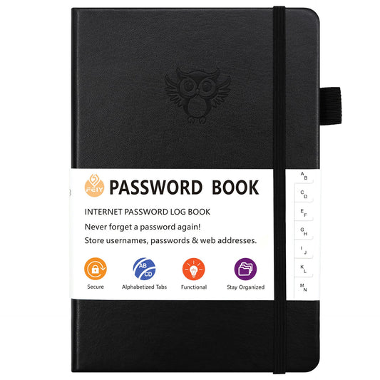 Black Password Log Book with textured faux leather cover, embossed owl, elastic closure, pen loop and A–Z tabs