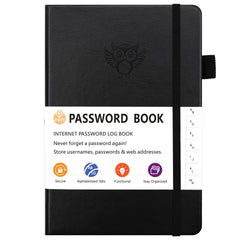 Password Log Book with A-Z Tabs & Owl Design – Black PU Leather