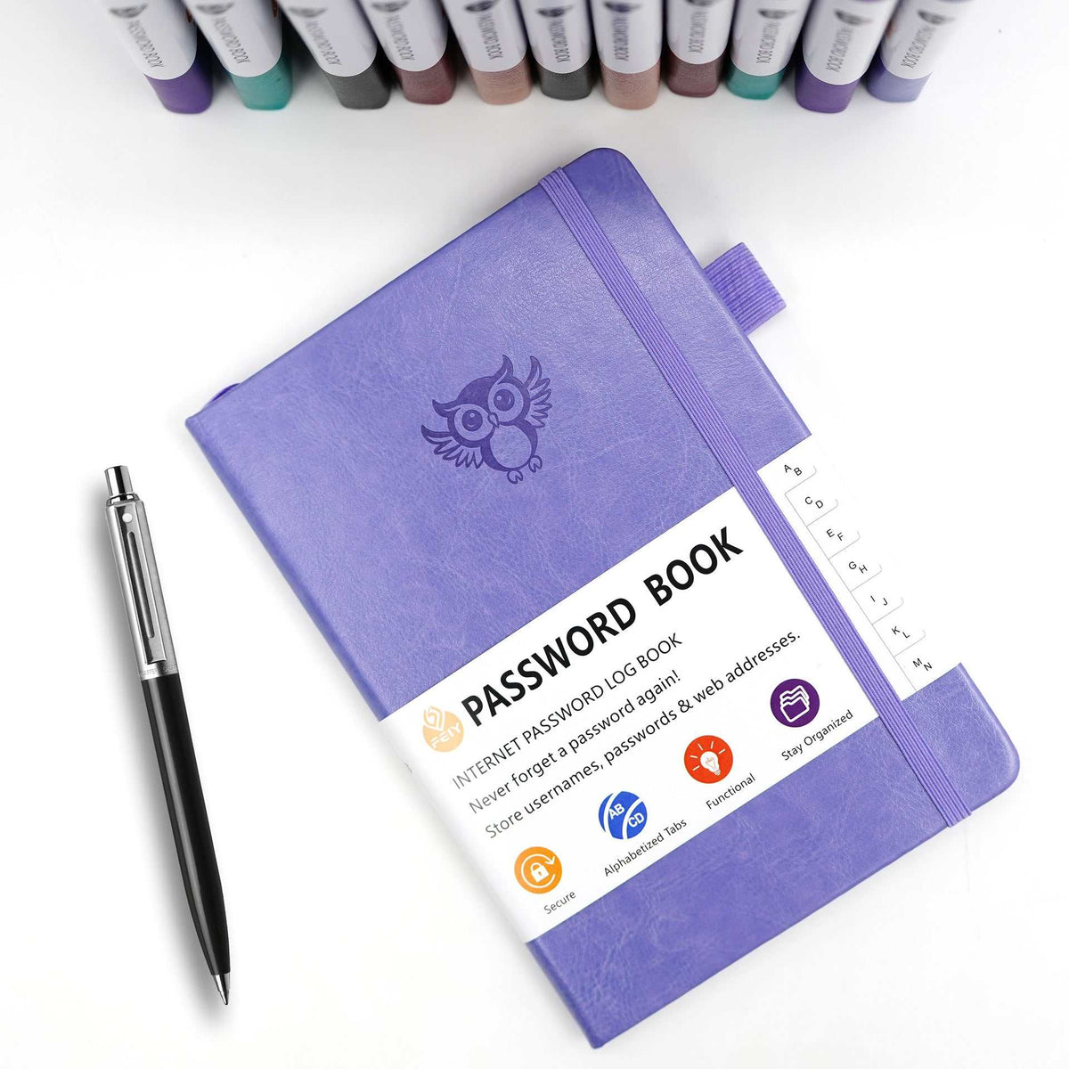 Black Password Log Book with a purple faux-leather cover, embossed owl, elastic closure, pen loop and A–Z tabs.