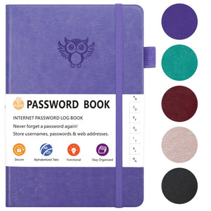 Black Password Log Book with a textured purple faux-leather cover, embossed owl, elastic band and A–Z tabs