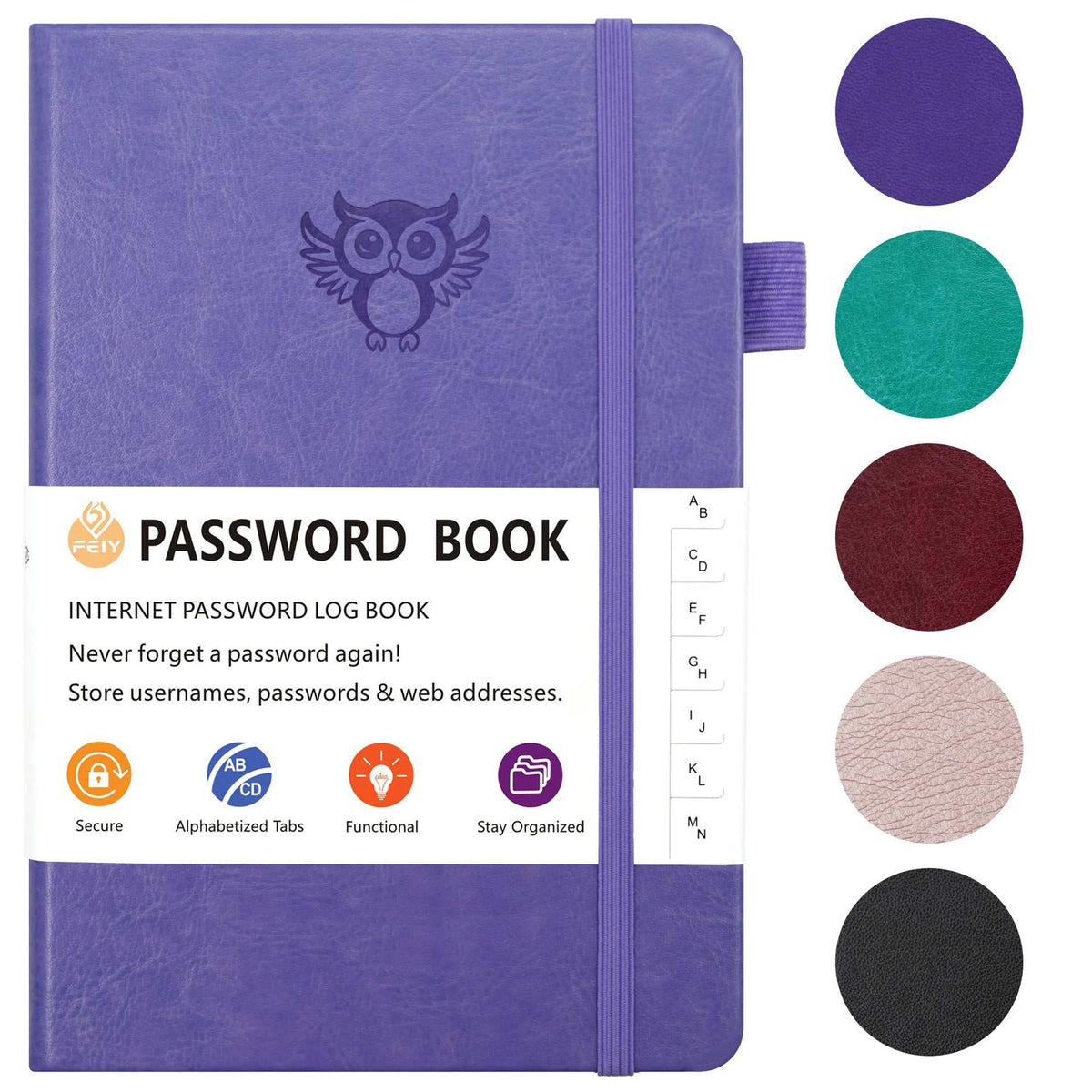 Black Password Log Book with a textured purple faux-leather cover, embossed owl, elastic band and A–Z tabs