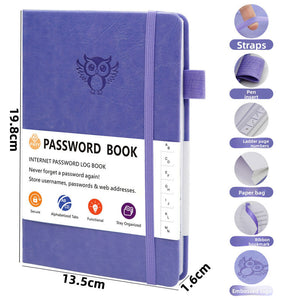 Black Password Log Book with a purple faux-leather cover, embossed owl, elastic closure and A–Z index tabs