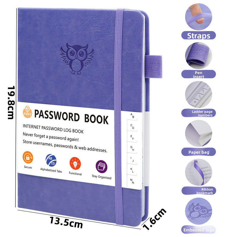 Black Password Log Book with a purple faux-leather cover, embossed owl, elastic closure and A–Z index tabs
