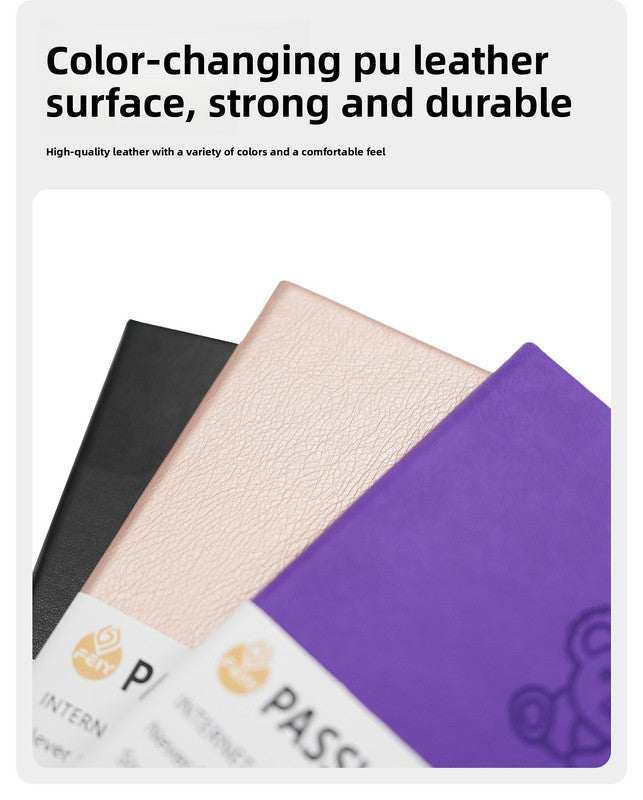 Black Password Log Book with textured PU leather cover, shown beside cream and purple colour options.