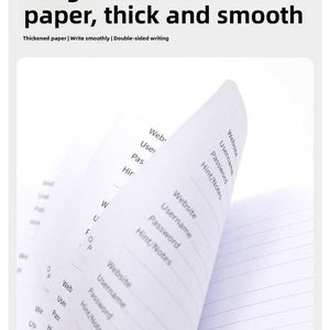 Black Password Log Book with thick, smooth white pages, printed login fields and lined writing space