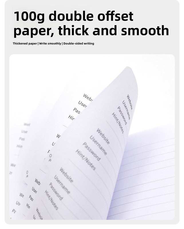 Black Password Log Book with thick, smooth white pages, printed login fields and lined writing space