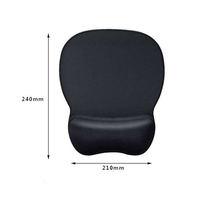 Black silicone wrist rest with a smooth, contoured ergonomic pad and raised wrist cushion, measuring 240 by 210 mm