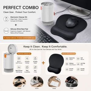 Black silicone wrist rest with a contoured shape and matte finish, shown with a white cylindrical electronics cleaning kit and tools