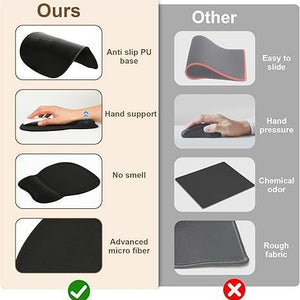 Black silicone wrist rest shown contoured with a textured microfiber surface and anti-slip base for hand support