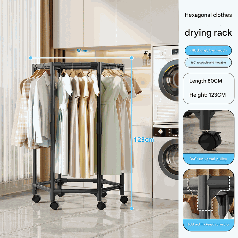Black single layer garment rack with a metal frame, hexagonal hanging rail, clothes, and four caster wheels