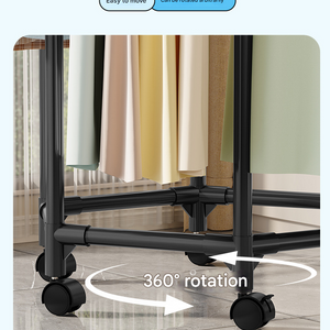 Black single layer garment rack with a sturdy metal frame, rotating rail and lockable caster wheels