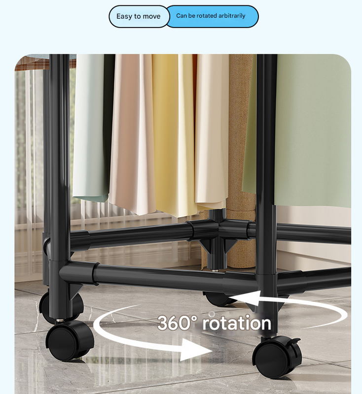 Black single layer garment rack with a sturdy metal frame, rotating rail and lockable caster wheels