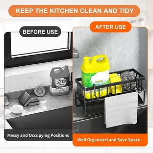 Black Sink Side Storage Rack with black metal rails, compartmented basket, cleaning supplies and a hanging white cloth