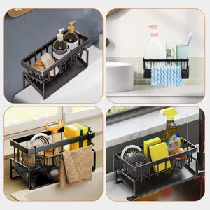 Black Sink Side Storage Rack made of black metal, with a raised frame, divided compartments and side hooks for kitchen sponges and bottles