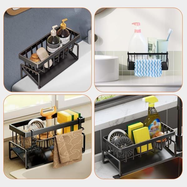 Black Sink Side Storage Rack made of black metal, with a raised frame, divided compartments and side hooks for kitchen sponges and bottles