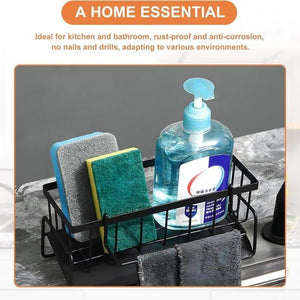 Black Sink Side Storage Rack made of black metal wire, with sponge dividers, side hooks and a towel rail holding cloths