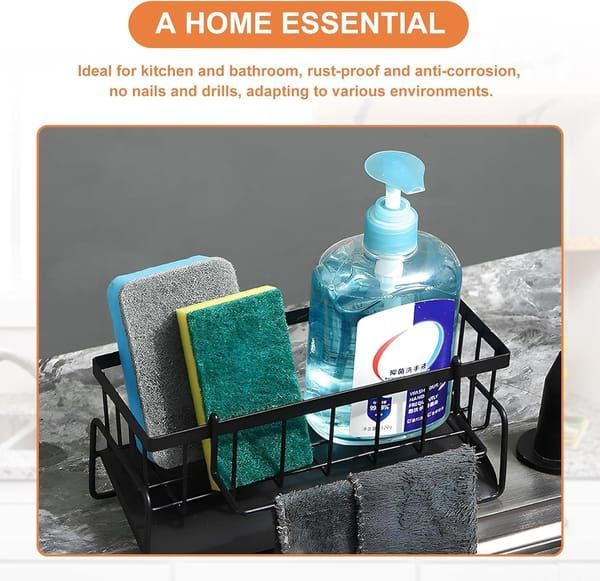 Black Sink Side Storage Rack made of black metal wire, with sponge dividers, side hooks and a towel rail holding cloths