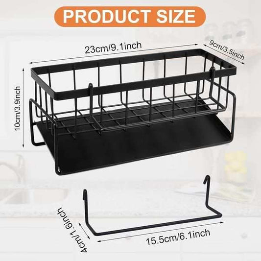 Black Sink Side Storage Rack in black metal wire with a solid base tray, raised basket and curved hanging hooks