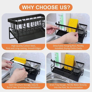 Black Sink Side Storage Rack in black carbon steel with open wire compartments, hooks and a removable draining tray