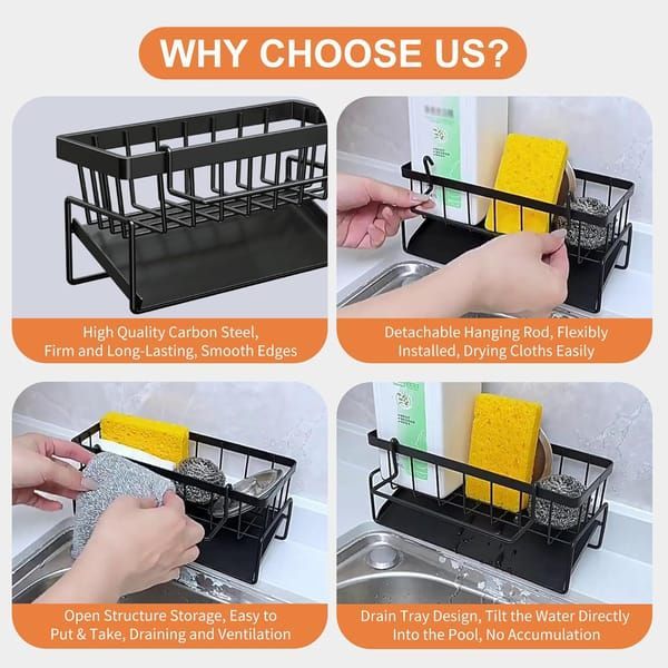 Black Sink Side Storage Rack in black carbon steel with open wire compartments, hooks and a removable draining tray