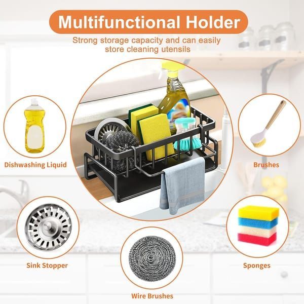 Black Sink Side Storage Rack with a black metal basket, soap and sponge compartments, brush hooks and towel rail