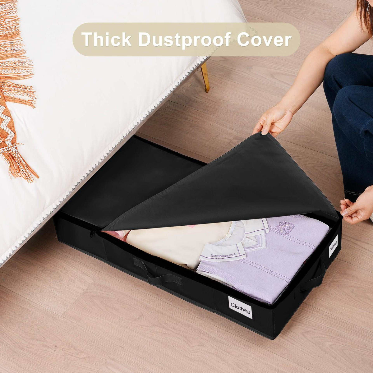 Black Size S Collapsible Underbed Storage Organizer in black fabric with a thick dustproof zip cover and clothing inside