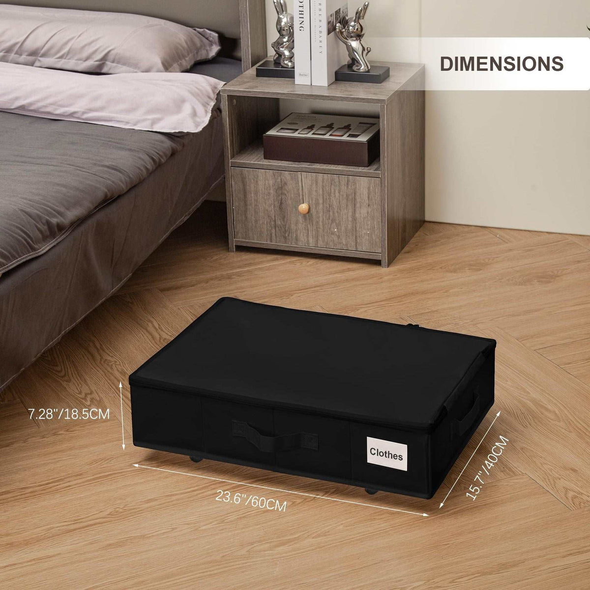 Black Size S Collapsible Underbed Storage Organizer in black fabric with a zippered lid, front label window and wheels