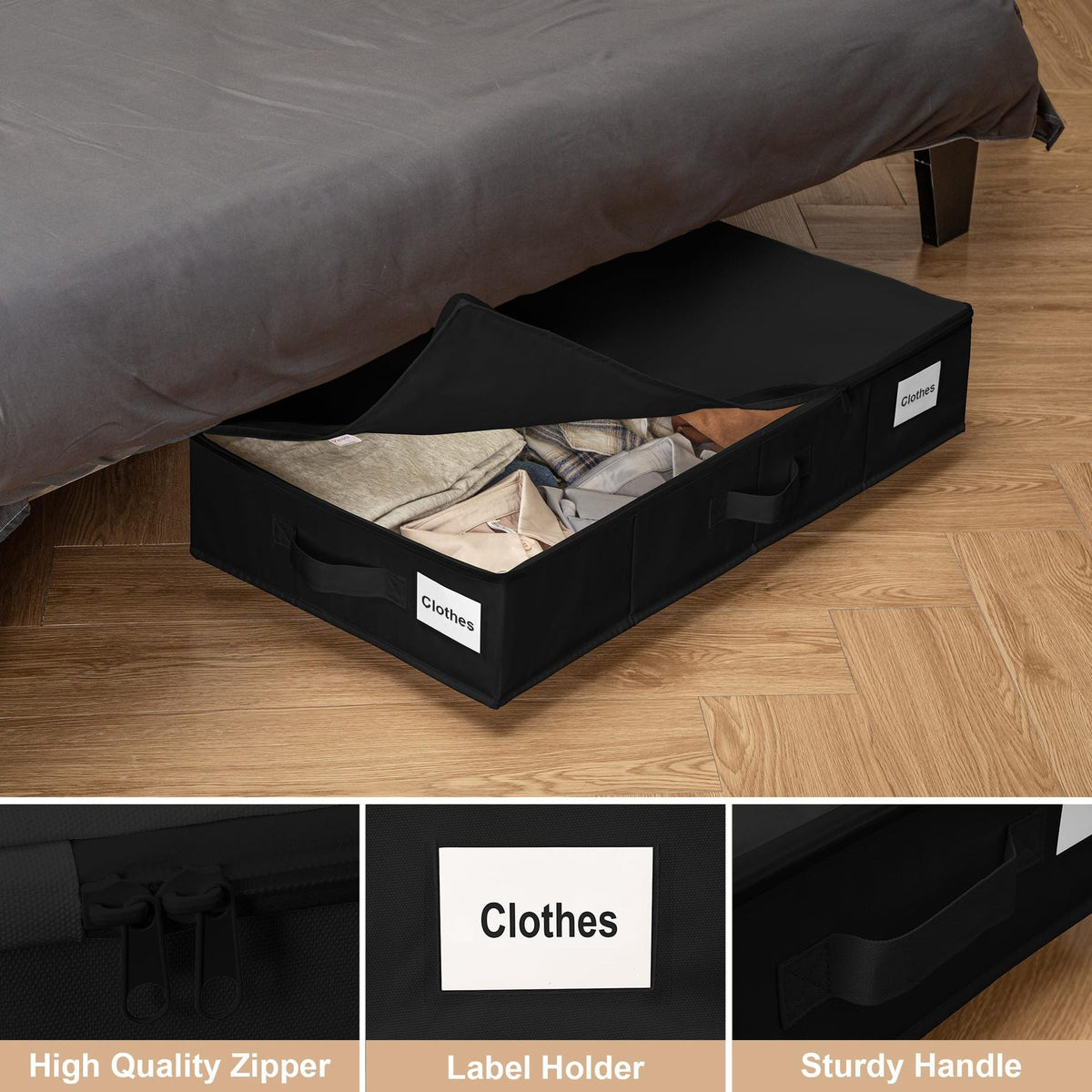Black Size S Collapsible Underbed Storage Organizer in black fabric with a zippered lid, label holder and sturdy handles