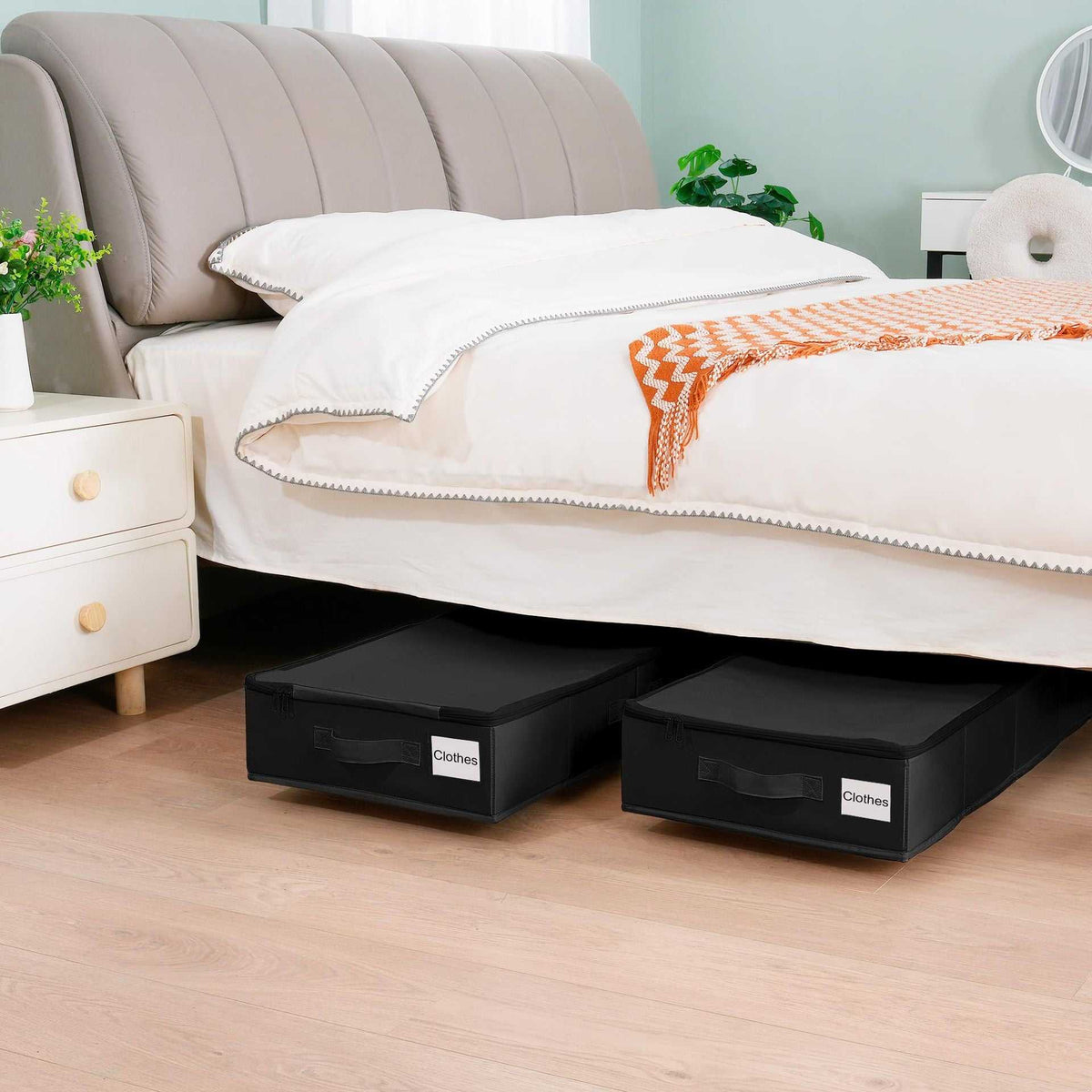 Black Size S Collapsible Underbed Storage Organizer in black fabric with zip lids, front handles and clear label windows.