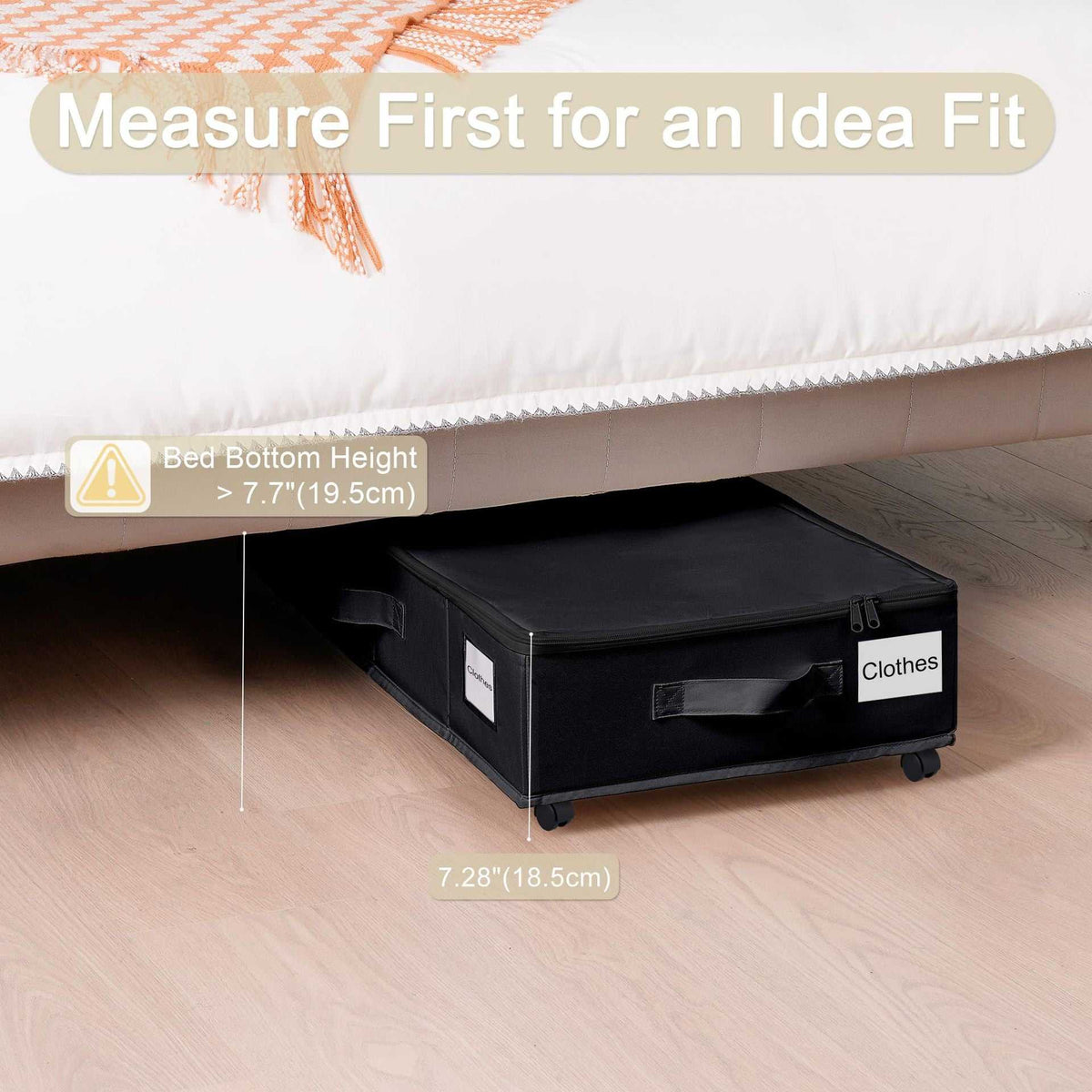 Black Size S Collapsible Underbed Storage Organizer in black fabric with a zip lid, label window and wheels