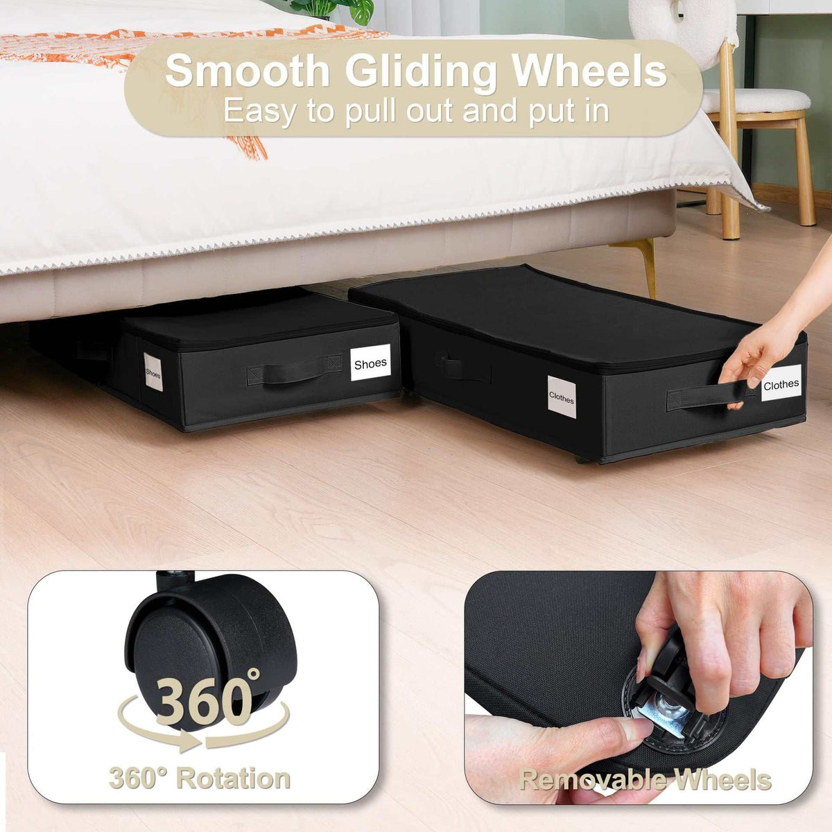 Black Size S Collapsible Underbed Storage Organizer in black fabric with lids, front labels, handles and removable 360° wheels