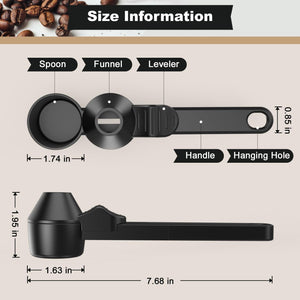Black Sliding Coffee Scoop in matte plastic with a long handle, measuring bowl, sliding funnel, leveler and hanging hole