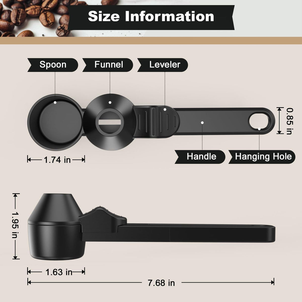Black Sliding Coffee Scoop in matte plastic with a long handle, measuring bowl, sliding funnel, leveler and hanging hole
