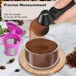 Black Sliding Coffee Scoop with a long plastic handle, filled with ground coffee and featuring a built-in leveler