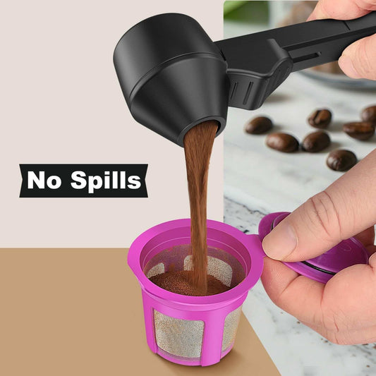 Black Sliding Coffee Scoop with long handle pours ground coffee into a vivid magenta mesh filter basket