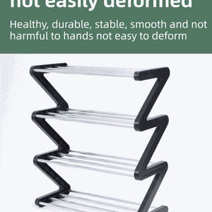 Black Stable Z-Shaped shoe rack with a black angular frame and four tiers of silver metal rods