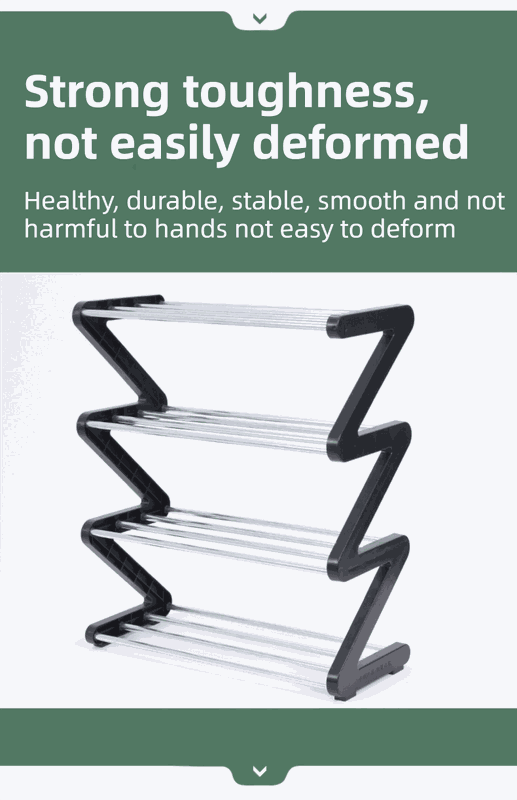 Black Stable Z-Shaped shoe rack with a black angular frame and four tiers of silver metal rods