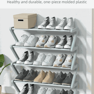 Four-tier shoe rack in pale gray molded plastic with a stable Z-shaped frame and shoes arranged on each shelf